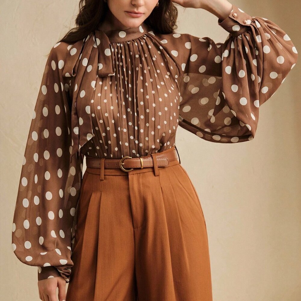 Brown Elegant Womens Polka Dot Pleated detailed bow Tie Front Long Sleeve Blouse
